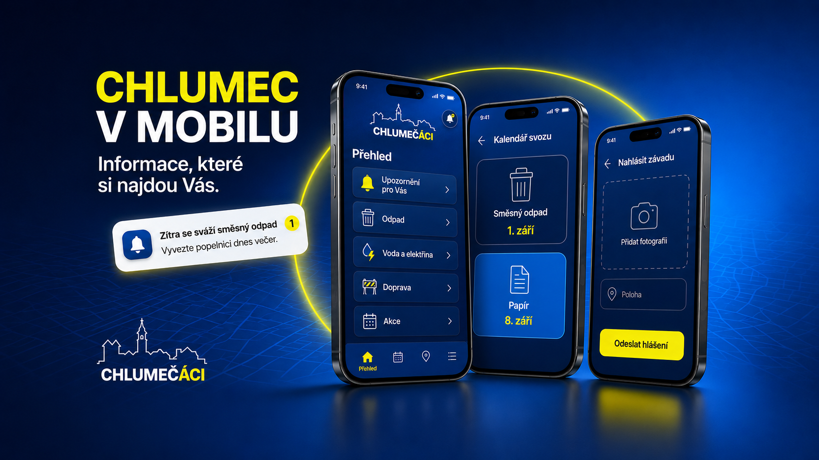 Návrh aplikace Chlumec v mobilu s upozorněním na svoz odpadu, kalendářem svozu a hlášením závad